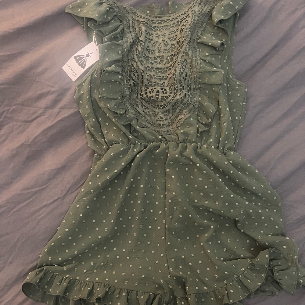 Green Ruffled Romper with Lace Detail